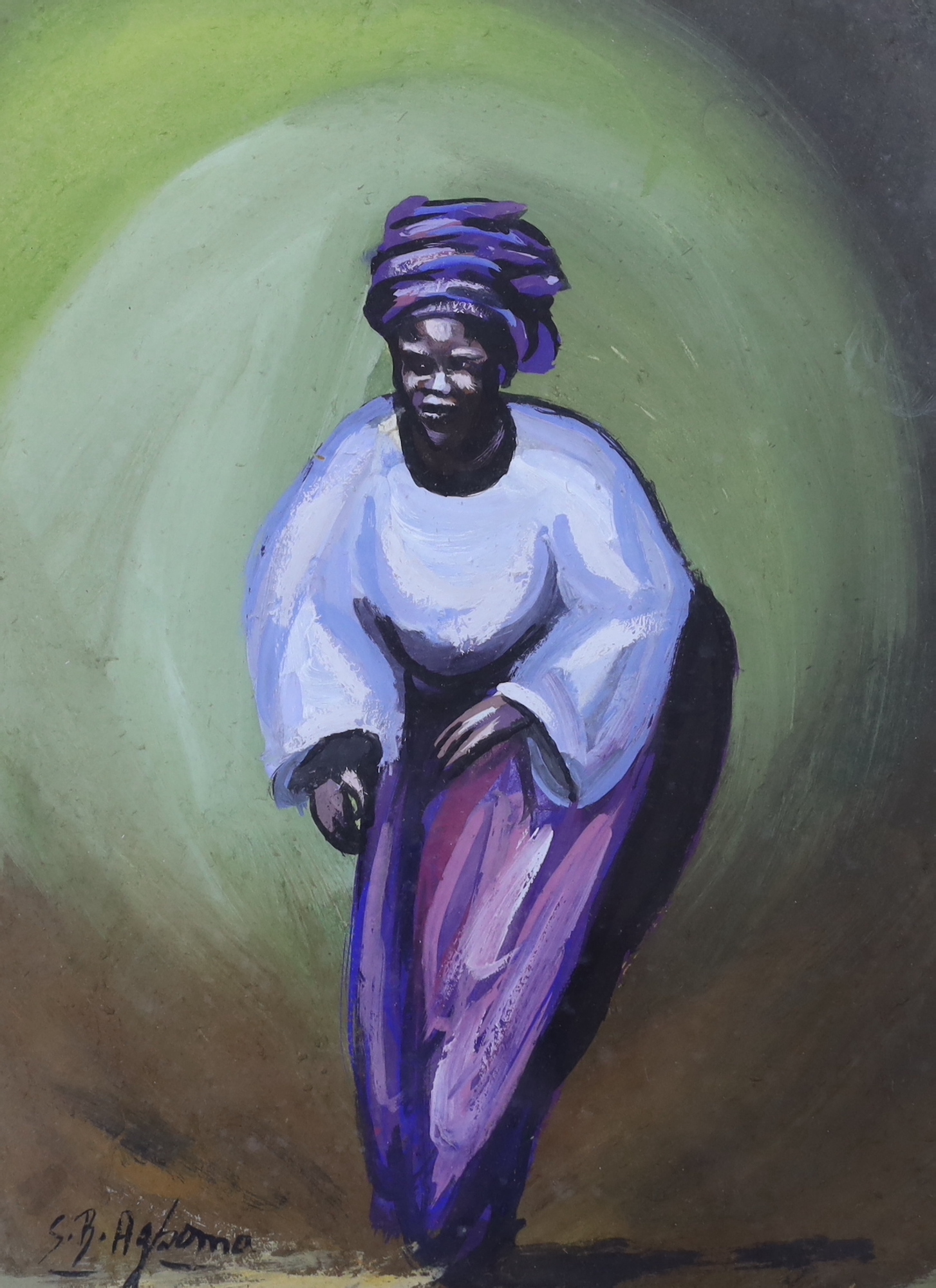 Caribbean school, gouache, Full length portrait of a lady, indistinctly signed, Port of Spain, Trinidad label verso, 30cm x 23cm